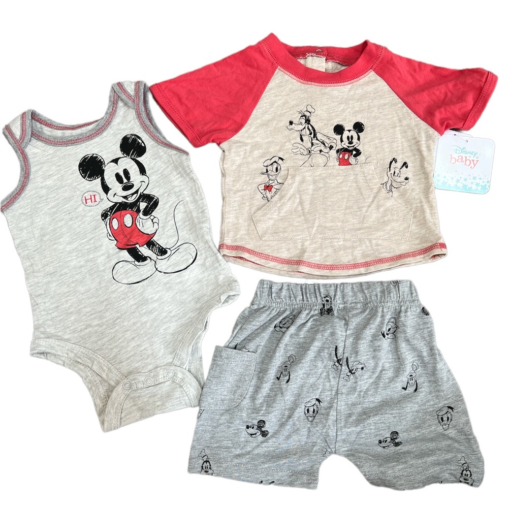 Disney 3 piece set. 3-6 months shirt shorts and bodysuit